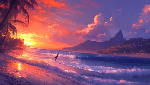 Tropical surf shoreline at sunset with vivid magenta sky