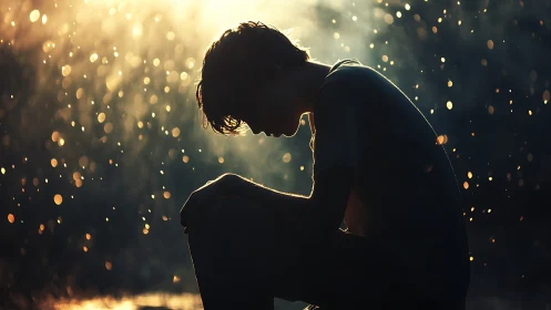 Silhouetted person sitting in glowing evening rain light.