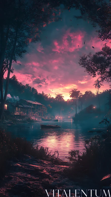 Riverfront cabins beneath neon dusk tropical sky glow.