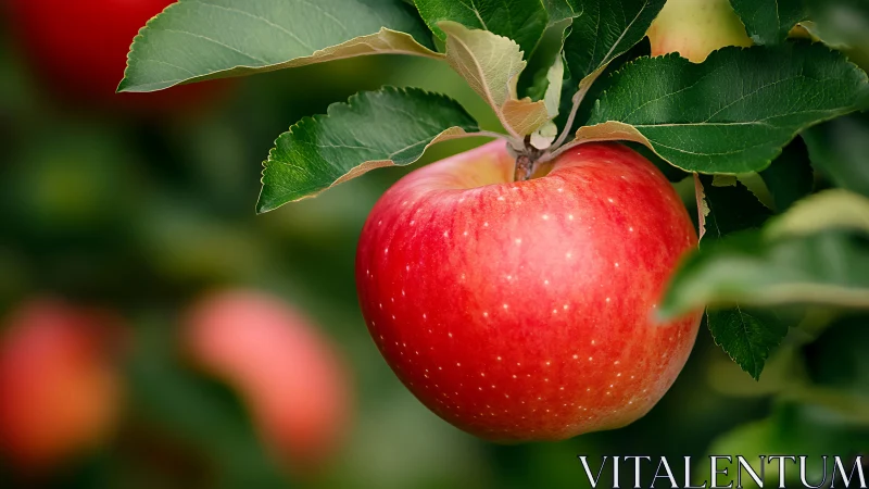 Ripe red apple on branch with shallow depth of field, orchard