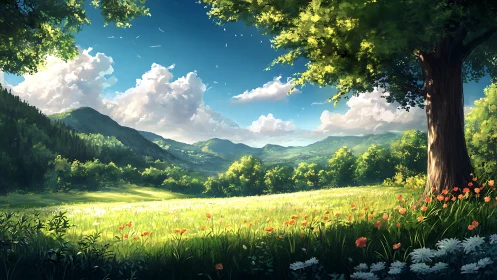 Tree framed meadow and distant hills under clouded sky.