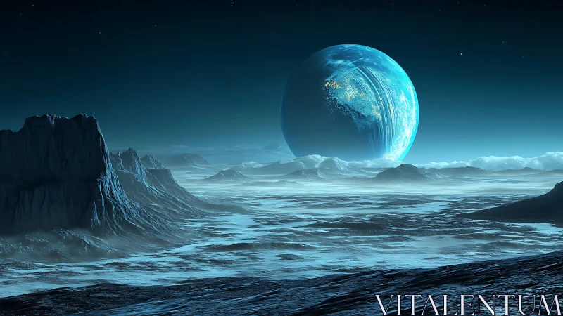 Icy exoplanet horizon under a glowing cerulean giant world.