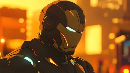 Sunlit urban power suit glows against molten skyline.