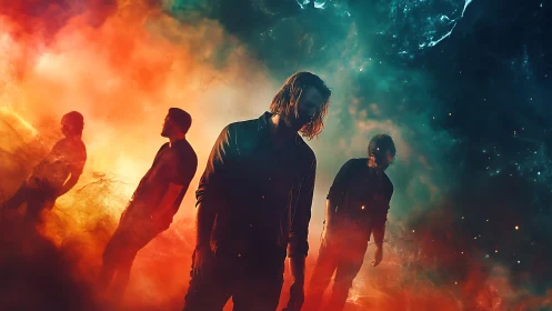 Band silhouettes in vivid orange and teal atmospheric haze.