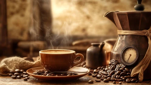 Steaming espresso still life rendered in warm photoreal tones