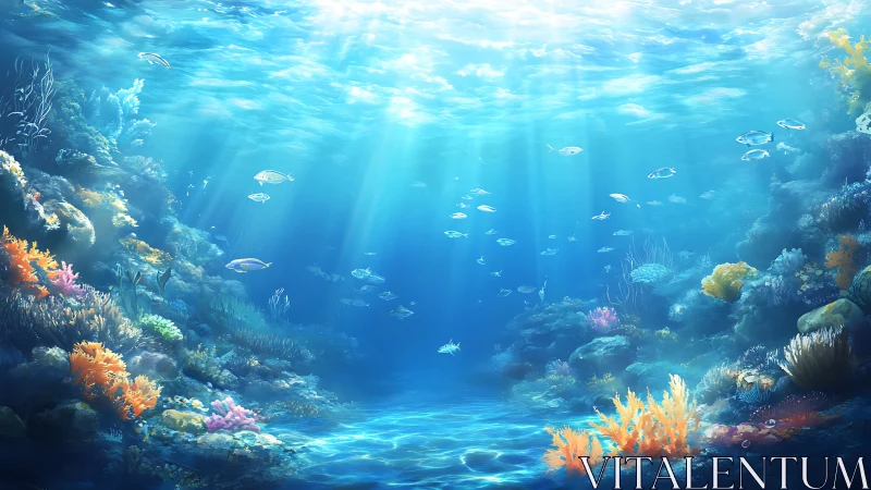 Underwater coral reef scene with fish in clear blue light.