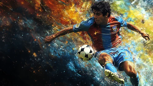 Explosive soccer volley carved from swirling cosmic paintstorm.