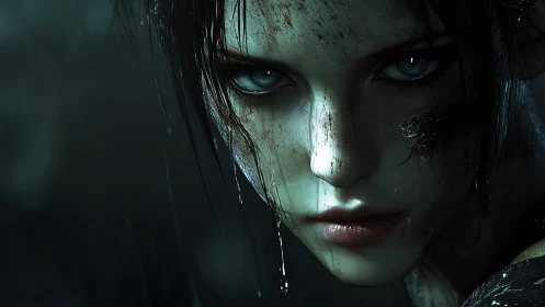 Fierce rain-soaked heroine holding her ground in silence.