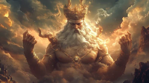 Mythic sky god with golden crown and fiery storm clouds
