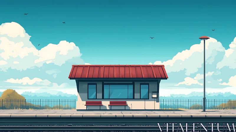 Minimalist rural train shelter in stylized digital painting.
