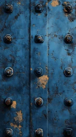 Weathered blue metal surface with bolts and rust patches.