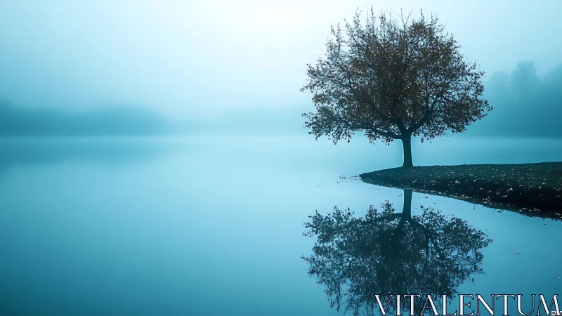 Gentle lakeside tree rests in calm blue morning mist