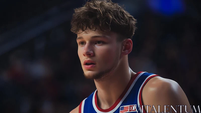 Male basketball player in uniform stands on court sideline