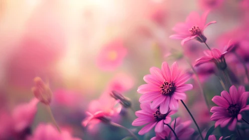 Pink flowers bloom with soft atmospheric bokeh in dreamy garden scene