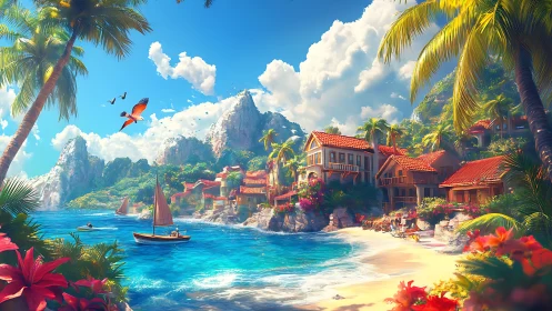 Rendered landscape depicts coastal settlement with architectural structures