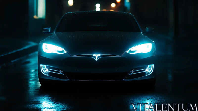 Low key nighttime EV front view with high contrast LED headlamps