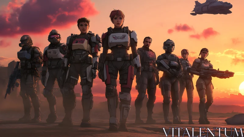 Sunset vanguard of armored space marines strides toward war.