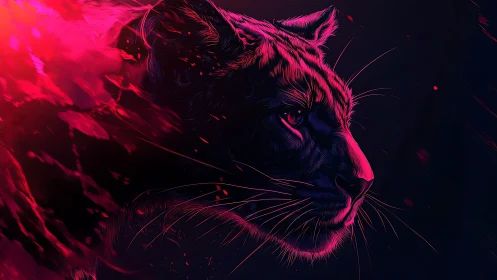 Neon panther profile in magenta light trails on dark field