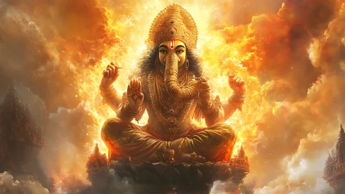 Radiant elephant-headed deity in fiery atmospheric aureole.