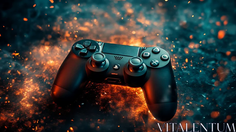 Gaming controller glows amid fiery sparks and cool smoke.