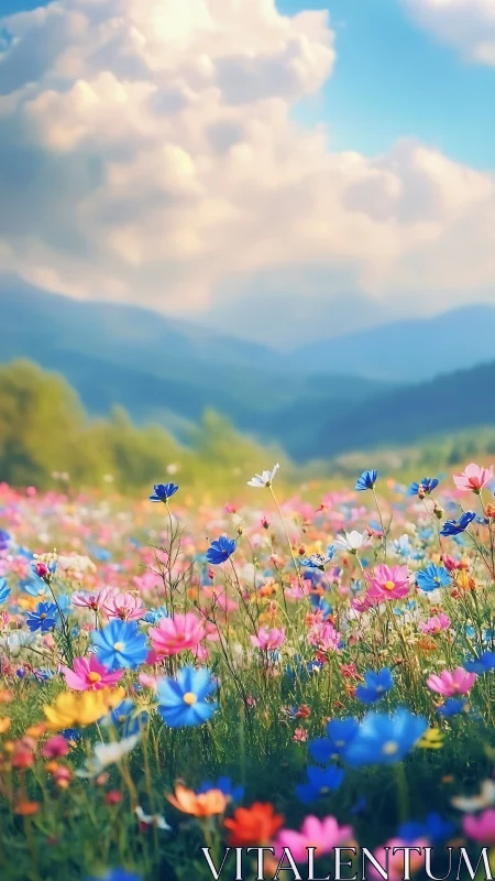 Vertical landscape shows dense wildflower meadow before hills