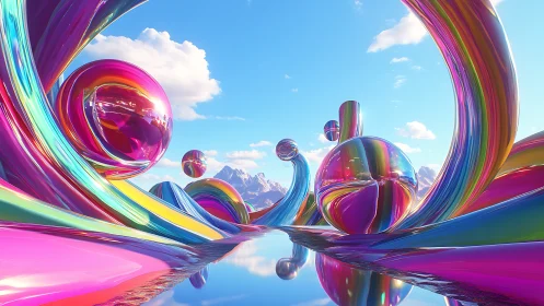 Iridescent 3D spheres swirling over reflective rainbow valley.