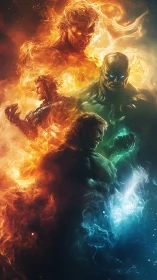 Elemental warriors emerging from swirling cosmic firestorm.
