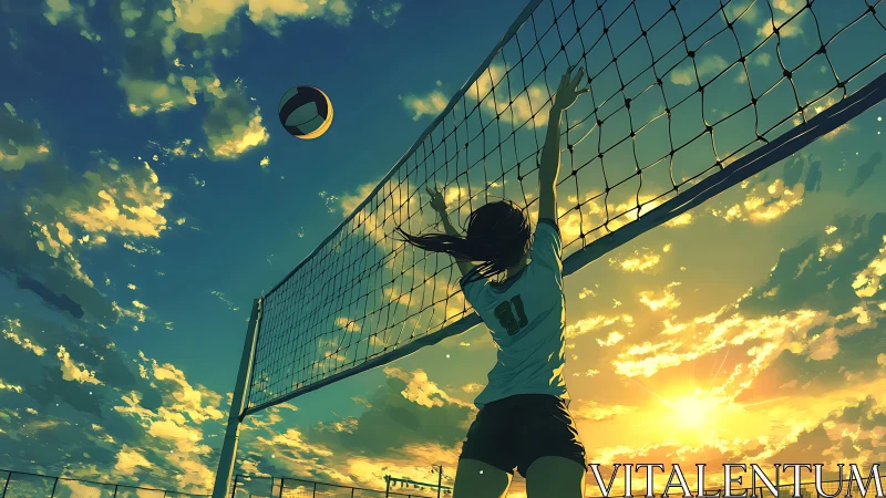 Girl volleyball player jumps at outdoor net under sunset sky