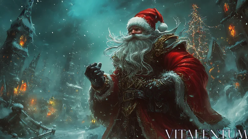 Battle-hardened Santa strides through stormlit winter village.