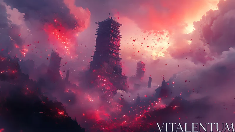 Ember-torn pagodas drift upward through a storm of burning sky