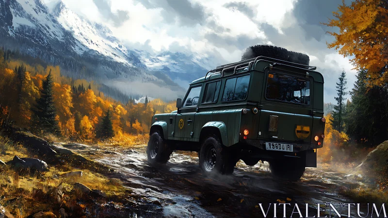 Off-road utility vehicle drives through wet alpine forest