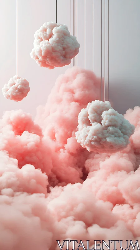 Soft pink 3D clouds suspended by thin vertical strings.