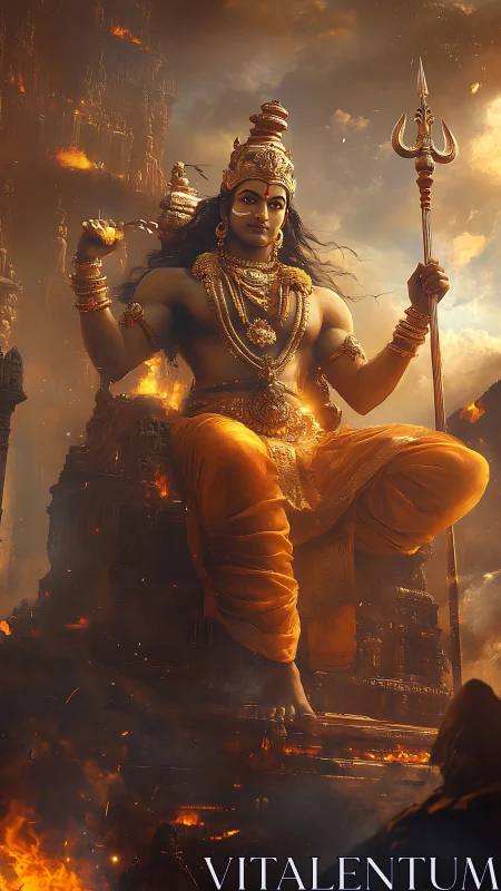 Ember crowned deity reclines over burning temple spires