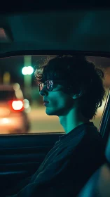 Young man in car at night under teal and orange lights.
