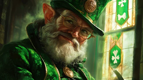 Smiling leprechaun in green coat by shamrock window.