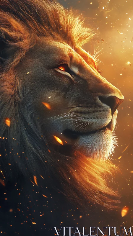 Majestic lion portrait glowing within fiery embers.