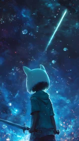 Anime astral swordsman under luminous cosmic meteor trail.