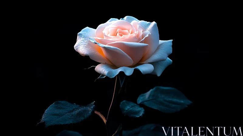 Peach rose blooms against darkness with dramatic chiaroscuro lighting
