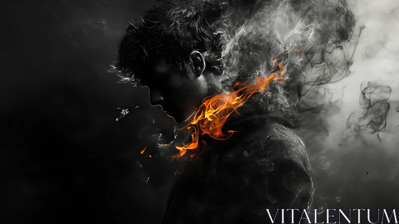 Silhouetted young man with fiery smoke swirling around neck.