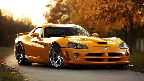 Autumn-burnished supercar crouched low on a golden lane.