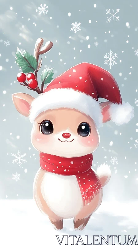 Chibi reindeer in snowfield with festive hat and holly garnish.