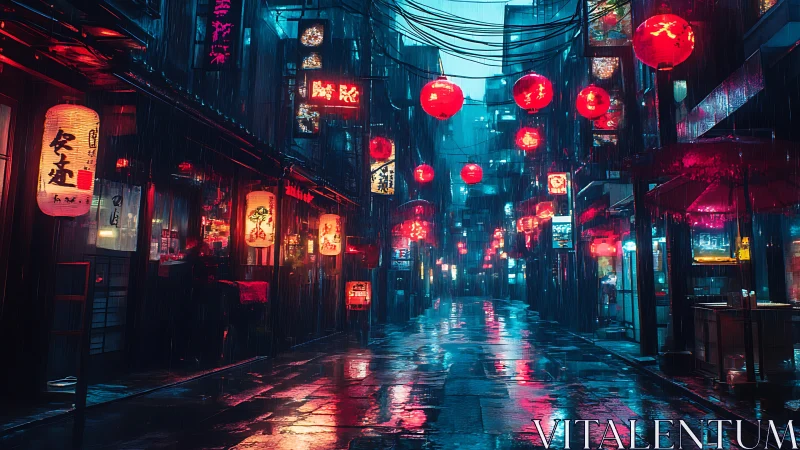 Neon rain falls softly over a lantern lit city alleyway