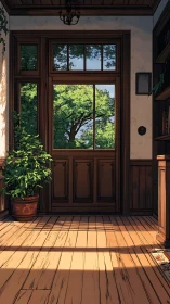 Sunlit timber vestibule framing high-chroma arboreal canopy.