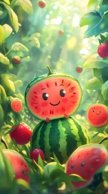 Soft-lit digital painting of anthropomorphic watermelon in berry grove