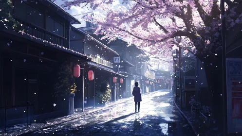 Solitary figure walks under glowing cherry blossoms at dawn.