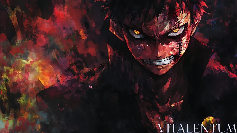 Fierce anime hero blazing through dark painted chaos.