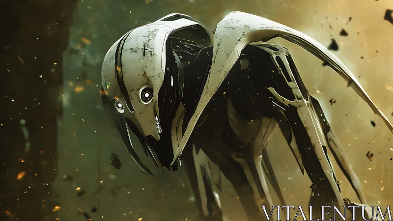 Alien war drone emerges from smoky battlefield haze.