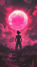 Warrior crowned by a blazing crimson cosmic sphere.