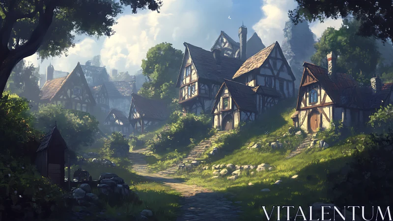 Sunlit medieval village nestles in a tranquil forest valley