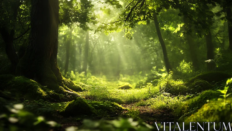 Verdant Forest Corridor with Diffused Sunlight Penetrating Dense Canopy.